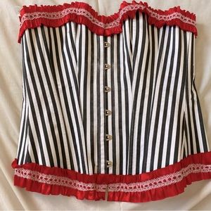 Black and White Striped Corset Red ribbon and white lace Accent